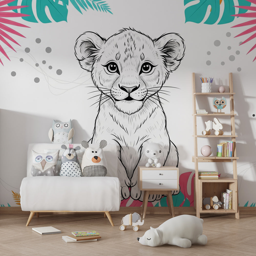 Colorful lion cub mural wallpaper with tropical foliage in modern children's bedroom