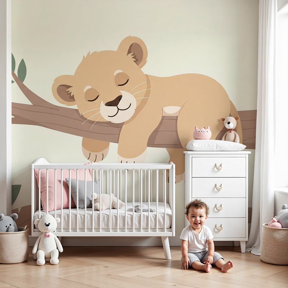 Lion cub mural wallpaper creating peaceful safari nursery decor with sleeping cub on branch by Kids-Mundo
