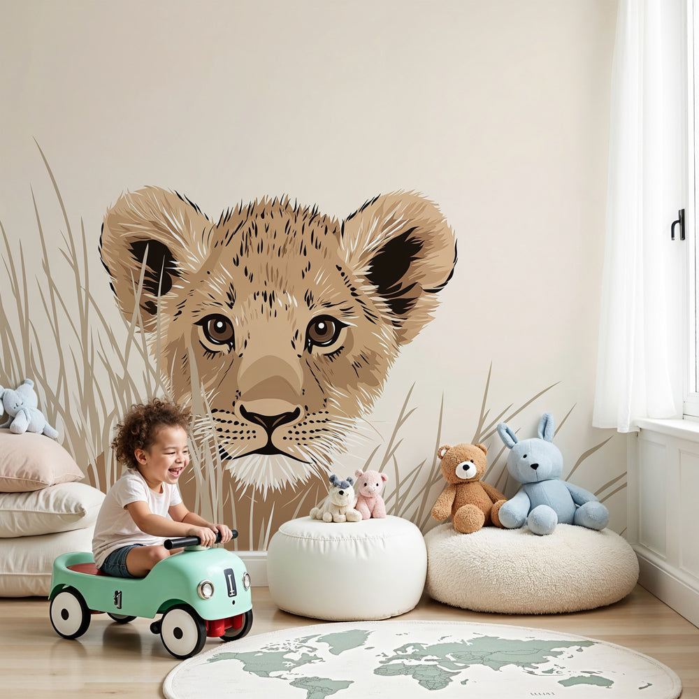Lion cub mural wallpaper in modern nursery room with natural wood furniture by Kids-Mundo