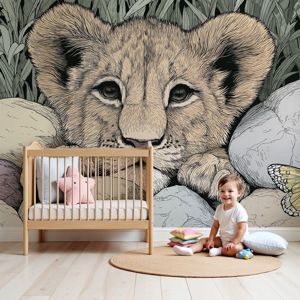 Lion cub safari mural wallpaper in modern nursery with natural wood furniture by Kids-Mundo
