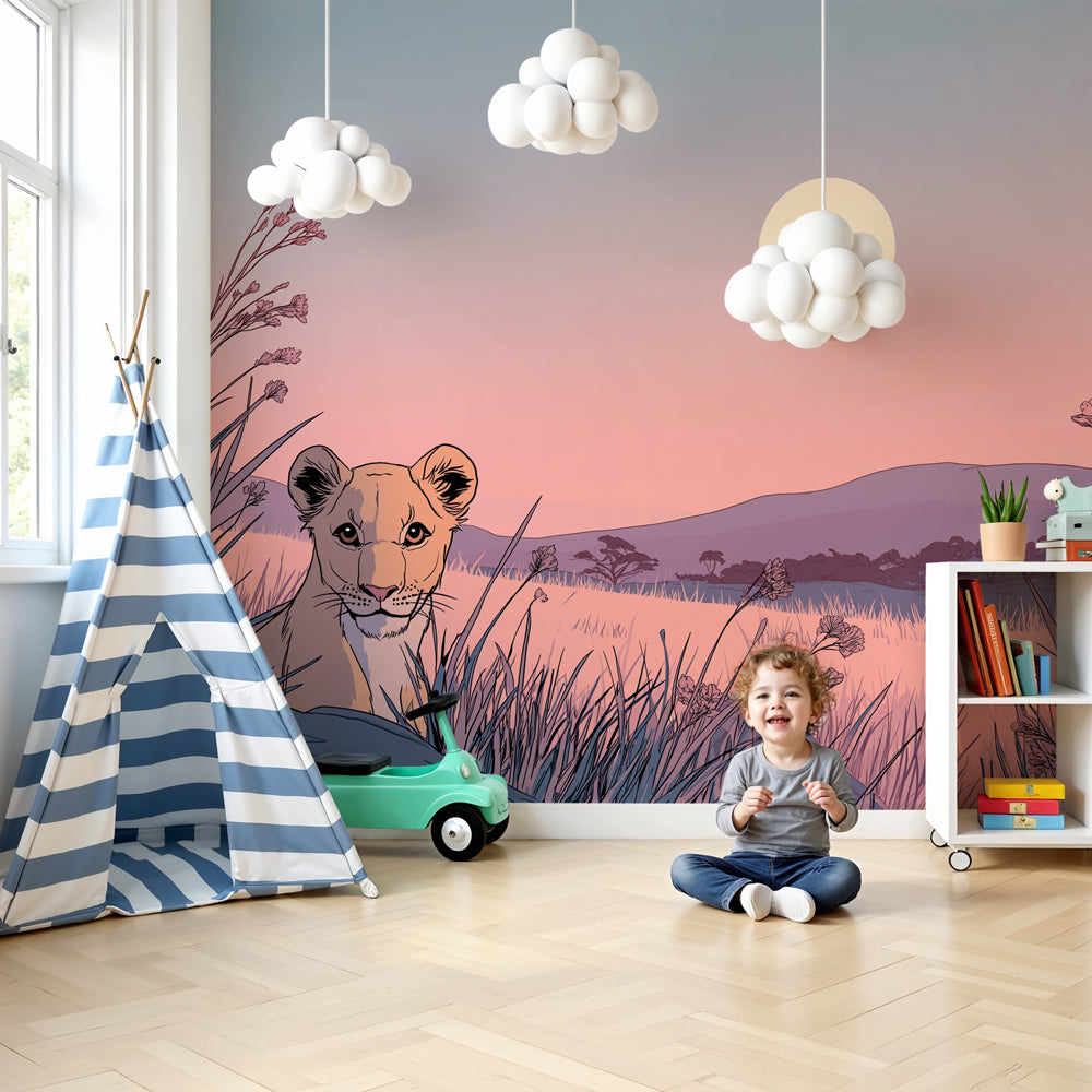 Lion cub sunset mural wallpaper in modern nursery with natural wood furniture by Kids-Mundo