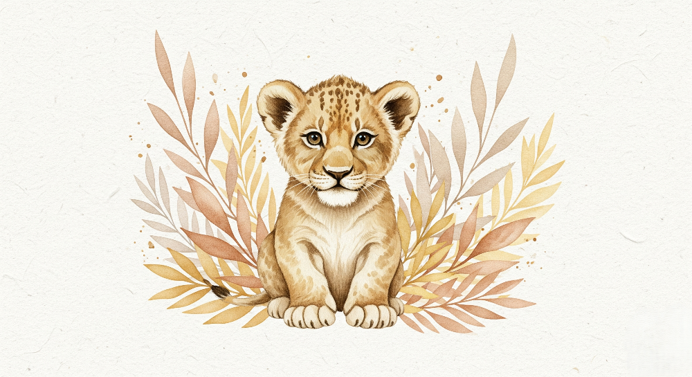 Kids-Mundo flat artwork print of the watercolour lion cub with pastel leaves design.