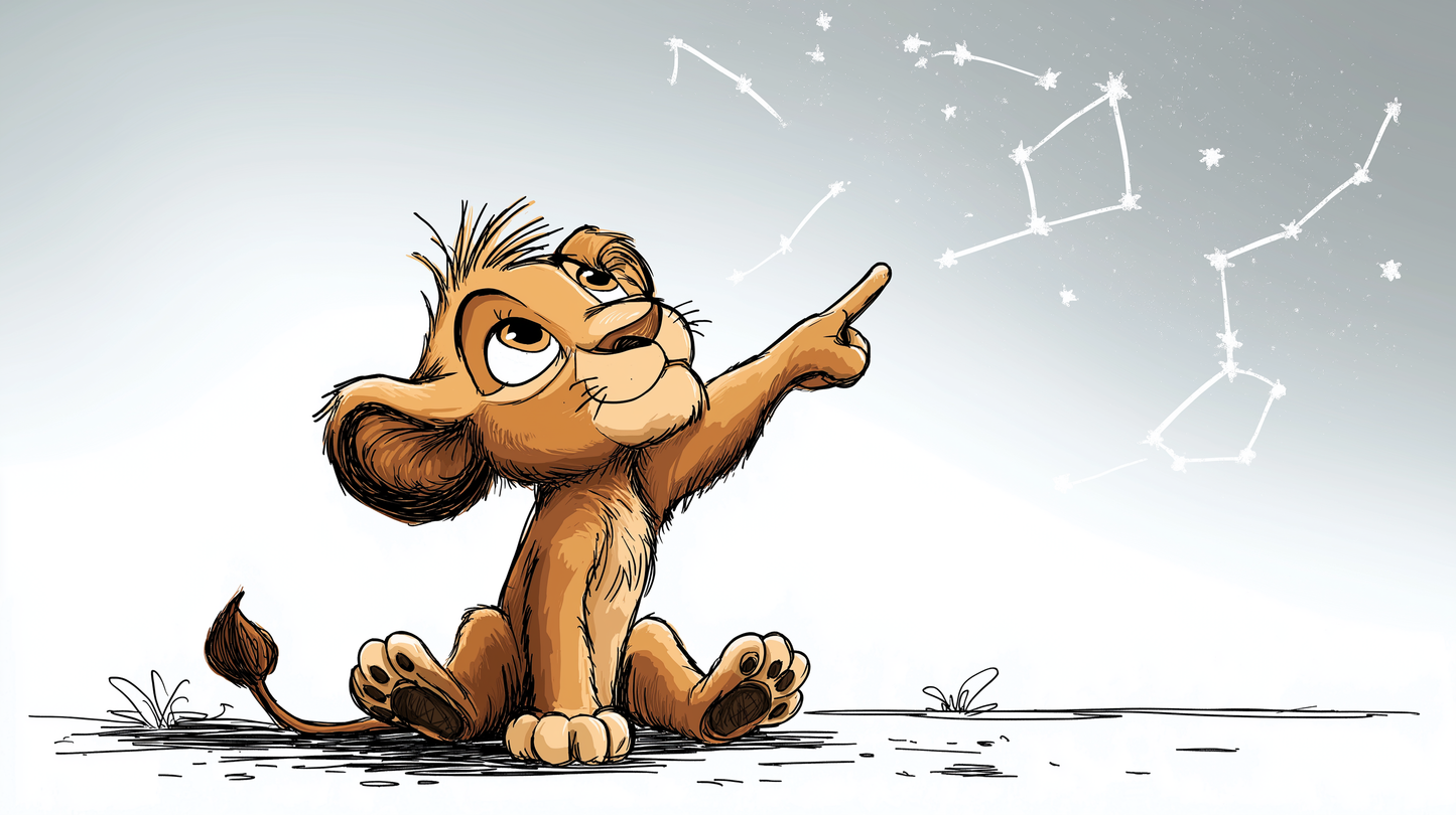 Kids-Mundo flat artwork of a lion cub pointing at a hand-drawn star constellation