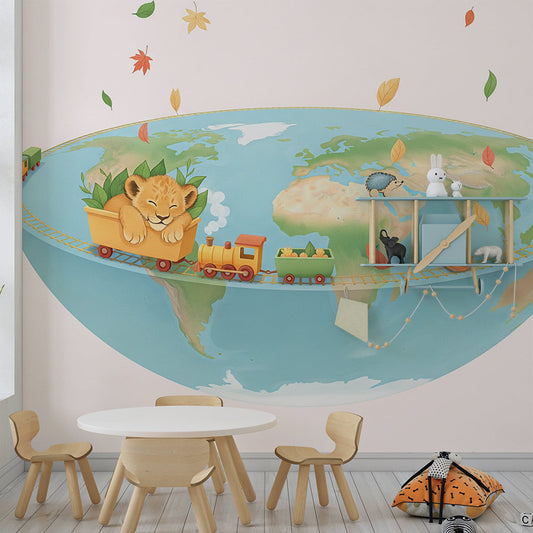 Kids-Mundo sleepy lion cub mural with toy train on a kids bedroom wall