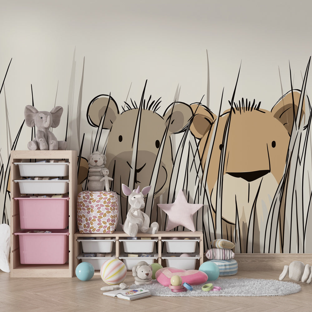 Playful lion cubs wallpaper creating safari theme in children's bedroom decor