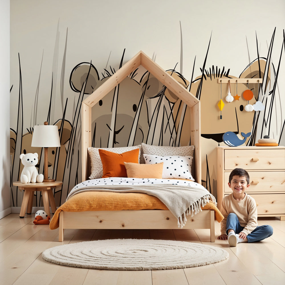 Lion cubs mural wallpaper in modern nursery with natural wood crib by Kids-Mundo