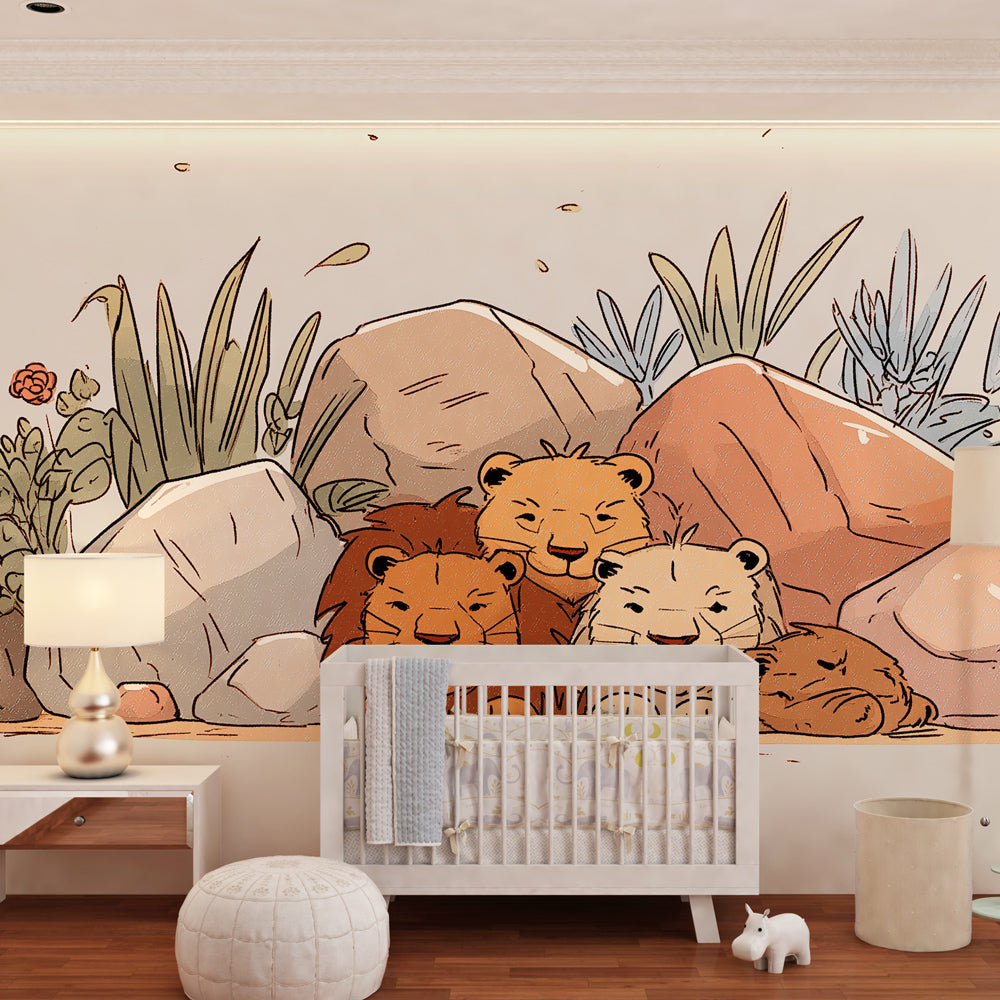 Safari-themed lion wallpaper transforming toddler bedroom into peaceful wildlife sanctuary