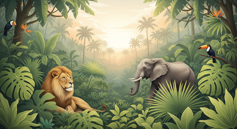 Lion and Elephant Jungle Sunrise Wall Mural