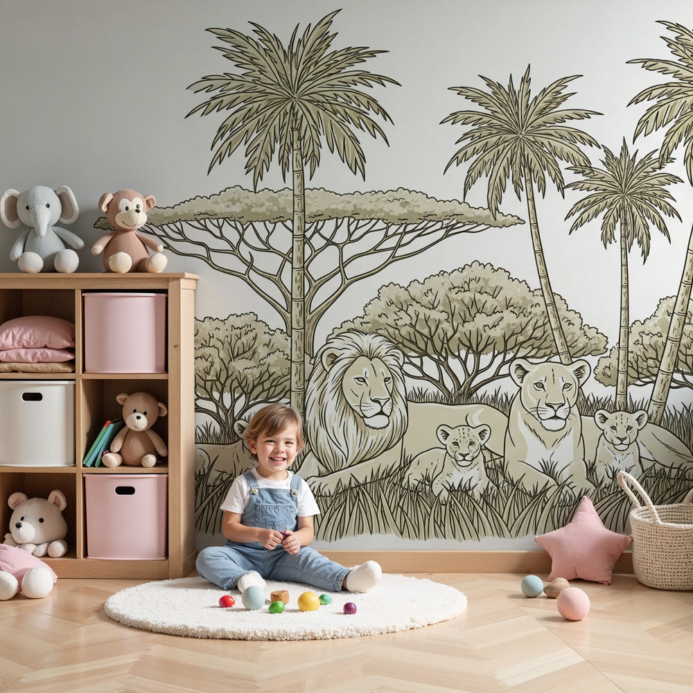 Lion family mural wallpaper creating safari-themed nursery with natural wood furniture by Kids-Mundo