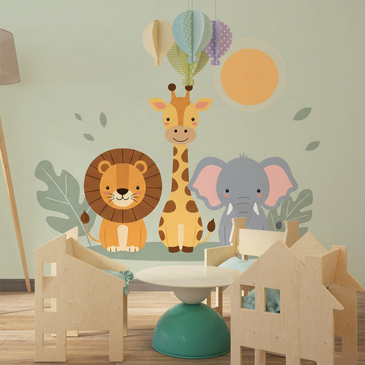 Kids-Mundo cuddly safari trio wall mural featured in a calm kids bedroom