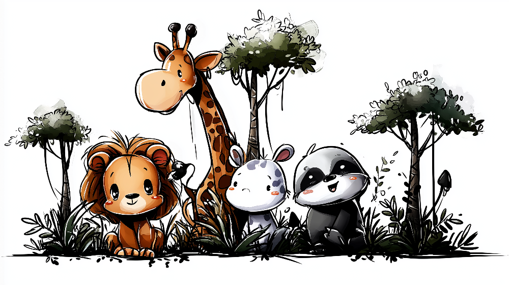 Lion, Giraffe and Panda Sketch Wall Mural