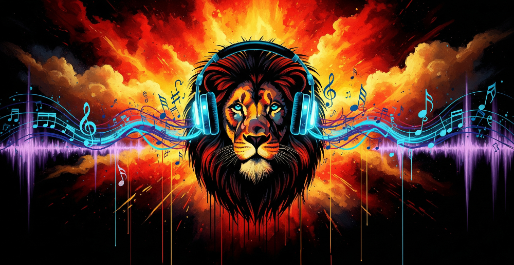 Kids-Mundo flat artwork of a lion wearing headphones with music notes and sound waves on a fiery orange background