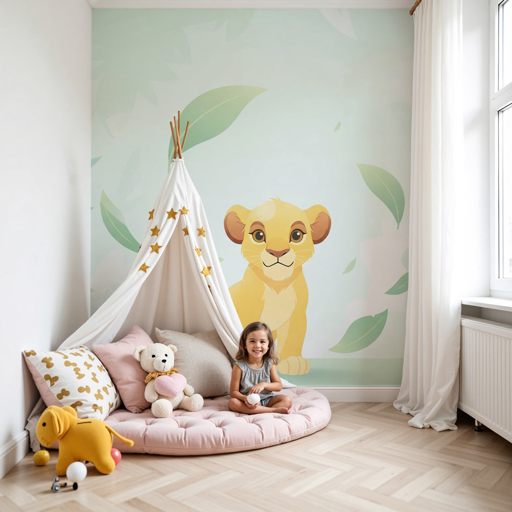 Lion jungle mural wallpaper in modern nursery with natural wood furniture by Kids-Mundo