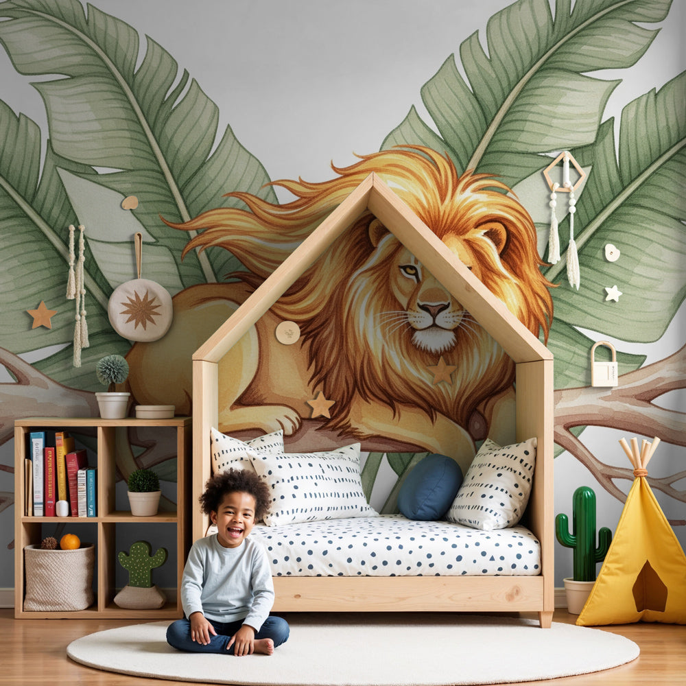 Lion jungle mural wallpaper creating safari adventure theme in modern children's nursery by Kids-Mundo