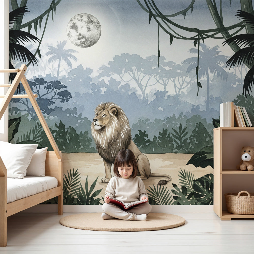 Lion king jungle mural wallpaper in modern nursery room setting by Kids-Mundo