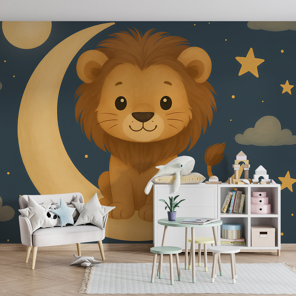 Celestial lion moon wallpaper in cozy children's bedroom with soft lighting and dreamy atmosphere