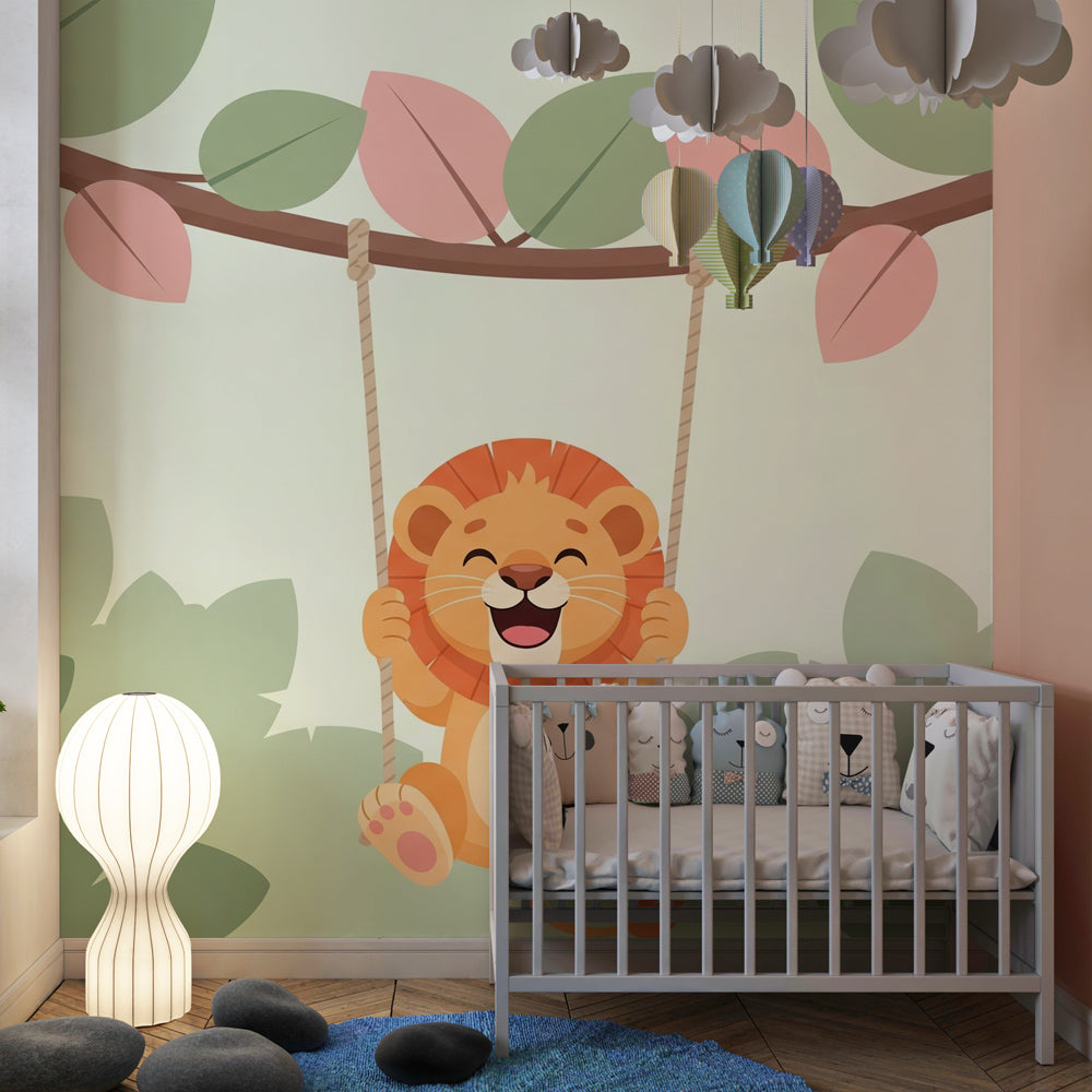 Swinging lion wallpaper transforming children's bedroom with soft jungle theme