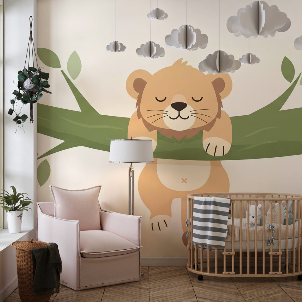 Lion on branch wallpaper creating peaceful children's bedroom atmosphere
