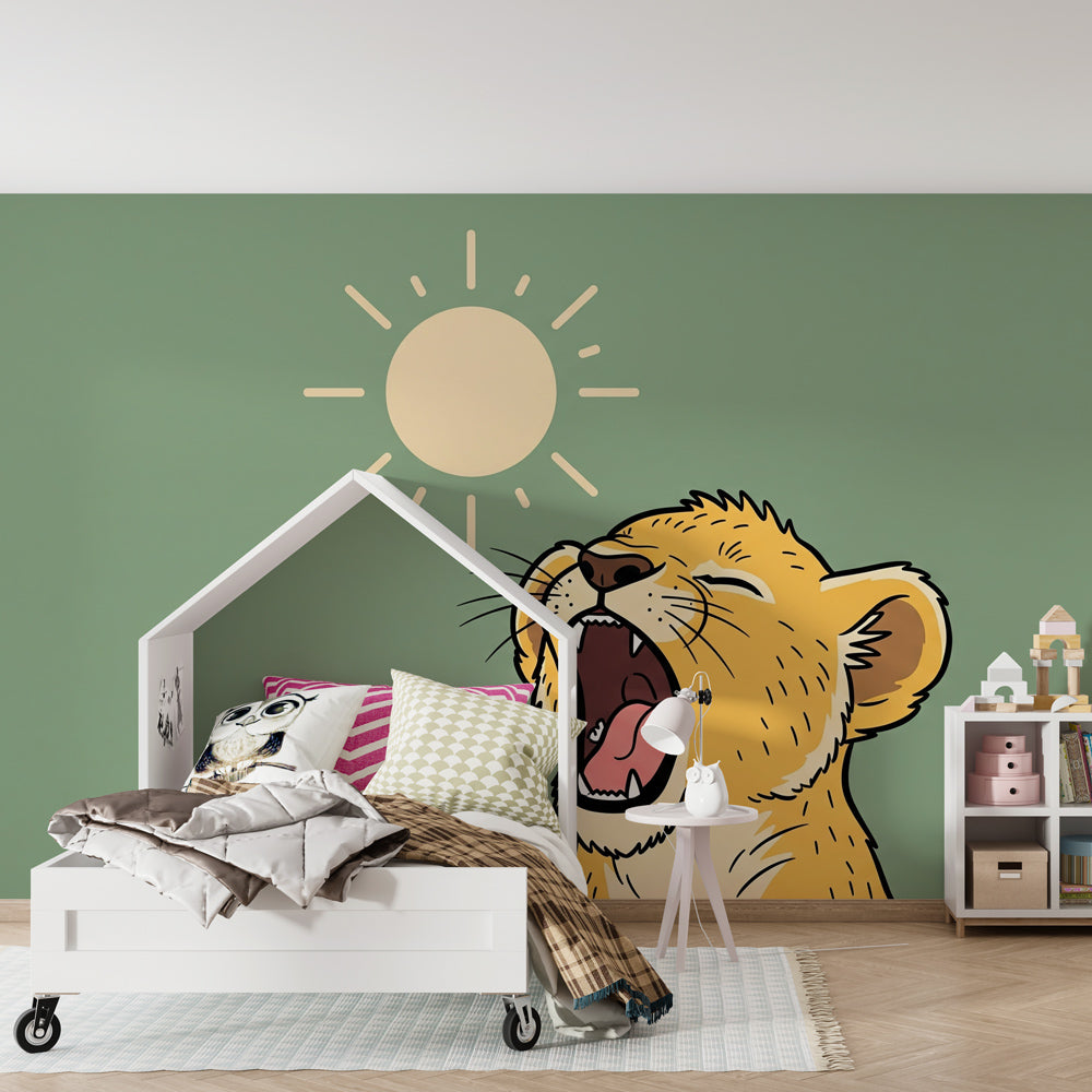 Roaring lion wallpaper transforming kids bedroom into African safari adventure space
