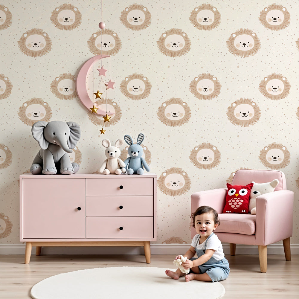 Gentle lion mural wallpaper creating peaceful safari nursery decor by Kids-Mundo