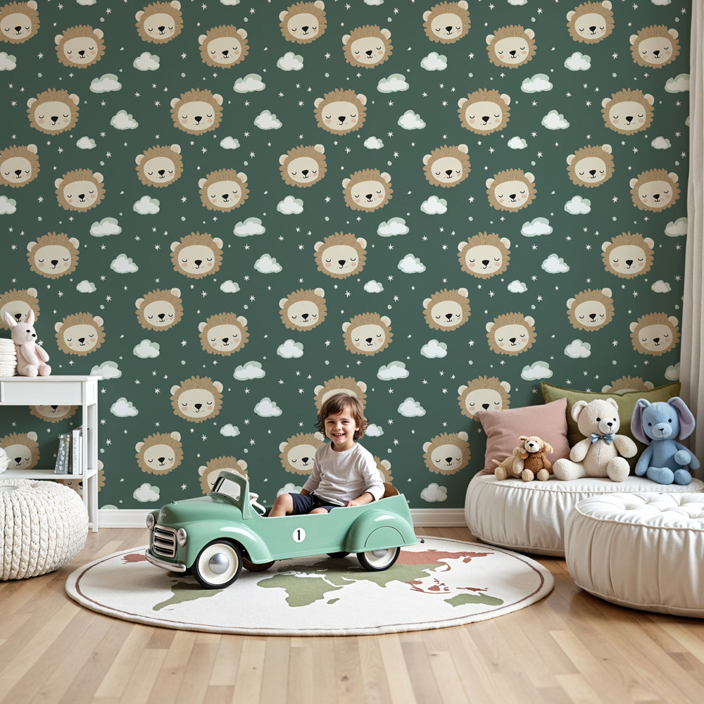 Smiling lion mural wallpaper in modern nursery with green safari theme by Kids-Mundo