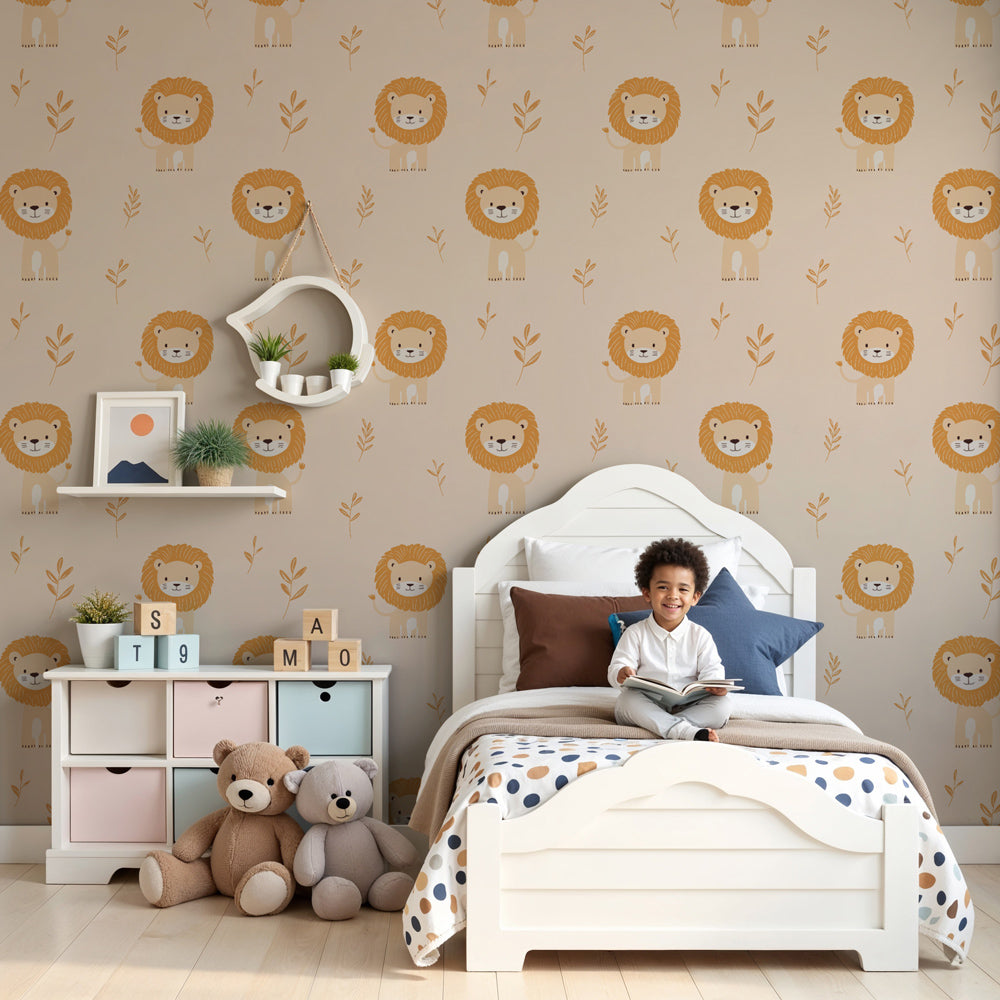 Lion mural wallpaper creating peaceful nursery decor with pastel safari animals by Kids-Mundo