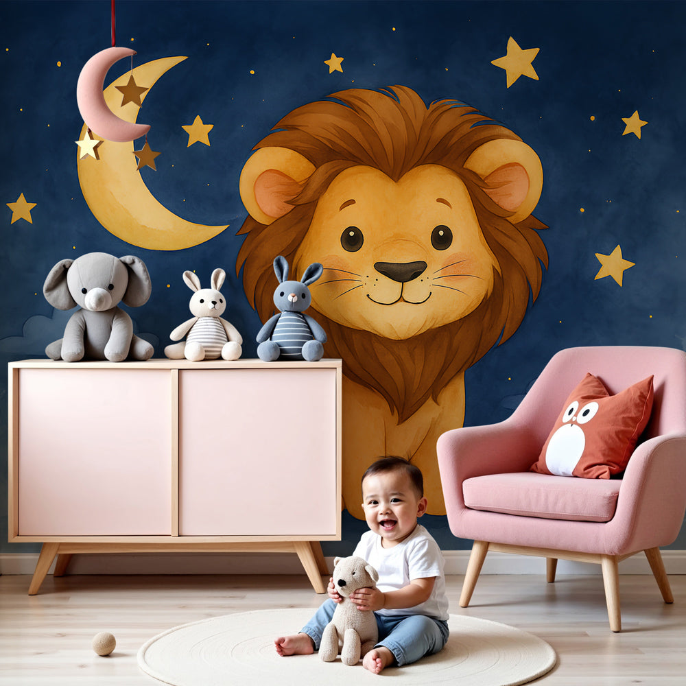 Lion starry night mural wallpaper in cozy nursery setting by Kids-Mundo