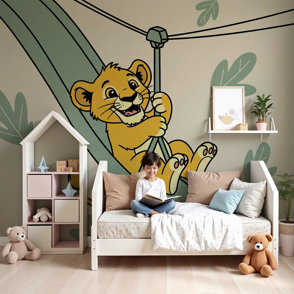 Lion playground mural wallpaper in modern nursery with crib and natural decor by Kids-Mundo