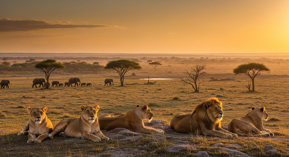 Kids-Mundo flat artwork of the lion pride sunset savanna wall mural design