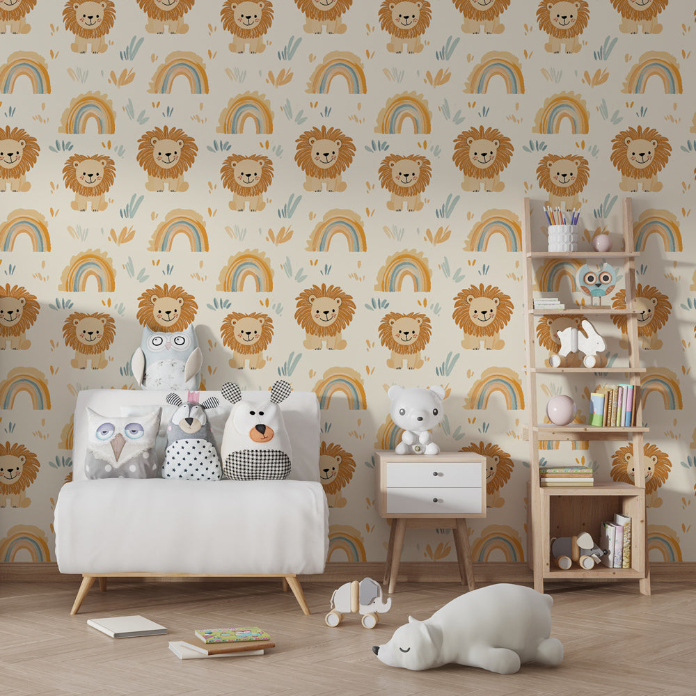 Colorful lion and rainbow wallpaper transforming kids playroom into safari adventure space