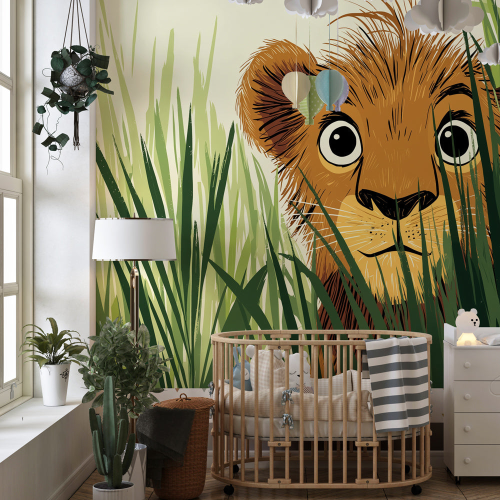 Safari-themed mural wallpaper featuring lion cub in modern children's bedroom setting
