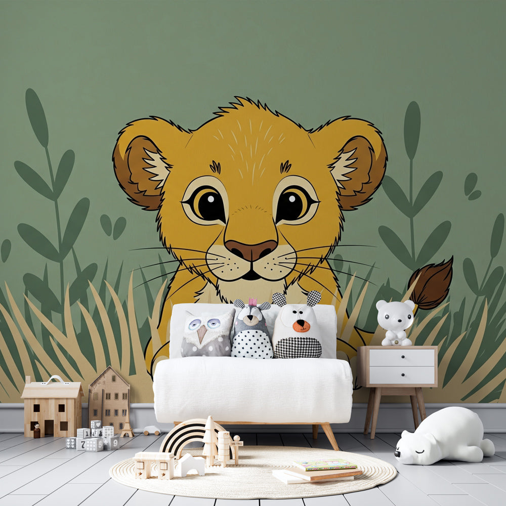 Cute lion savanna wallpaper transforming children's bedroom into peaceful safari adventure space