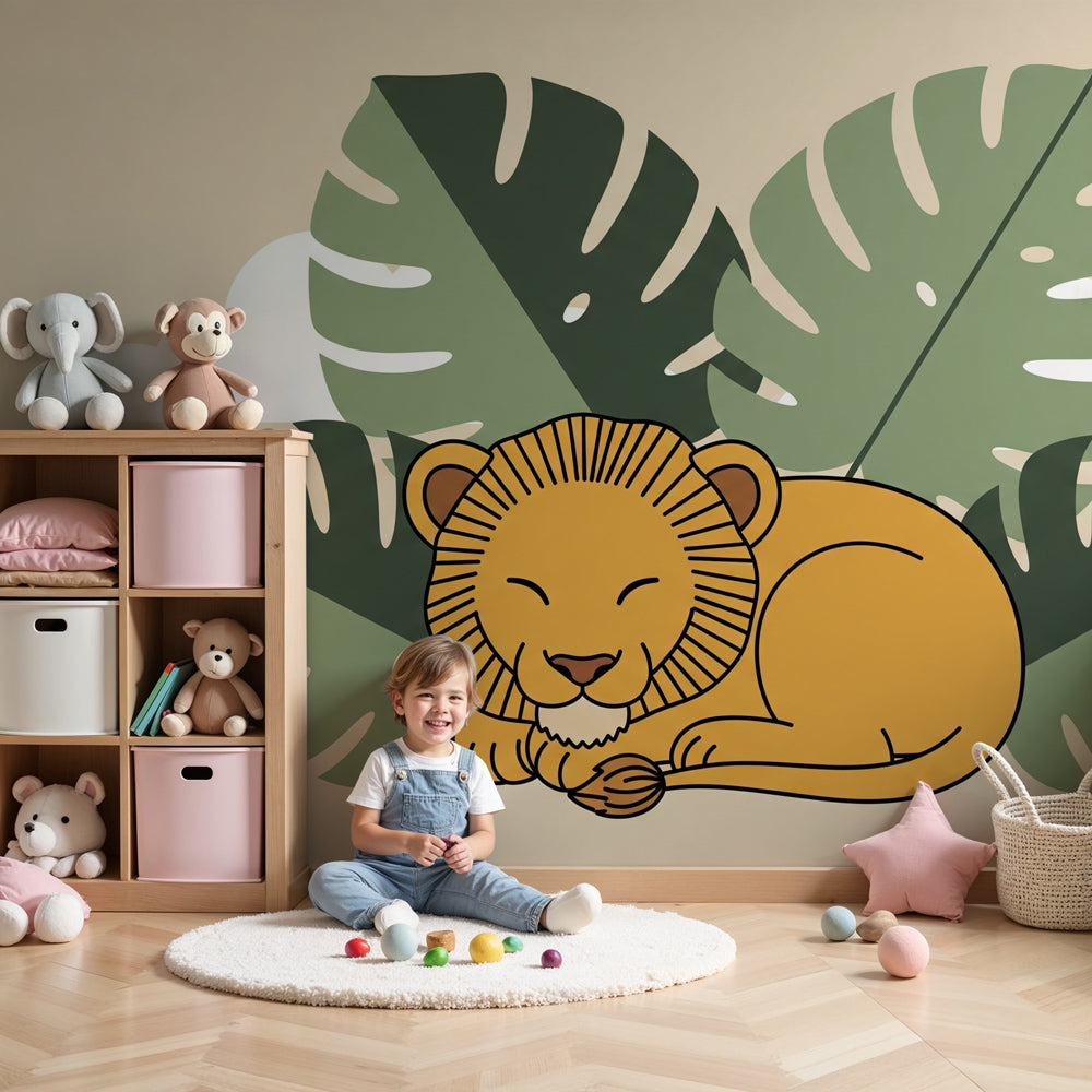 Cuddly lion safari mural wallpaper in modern nursery with natural wood furniture by Kids-Mundo