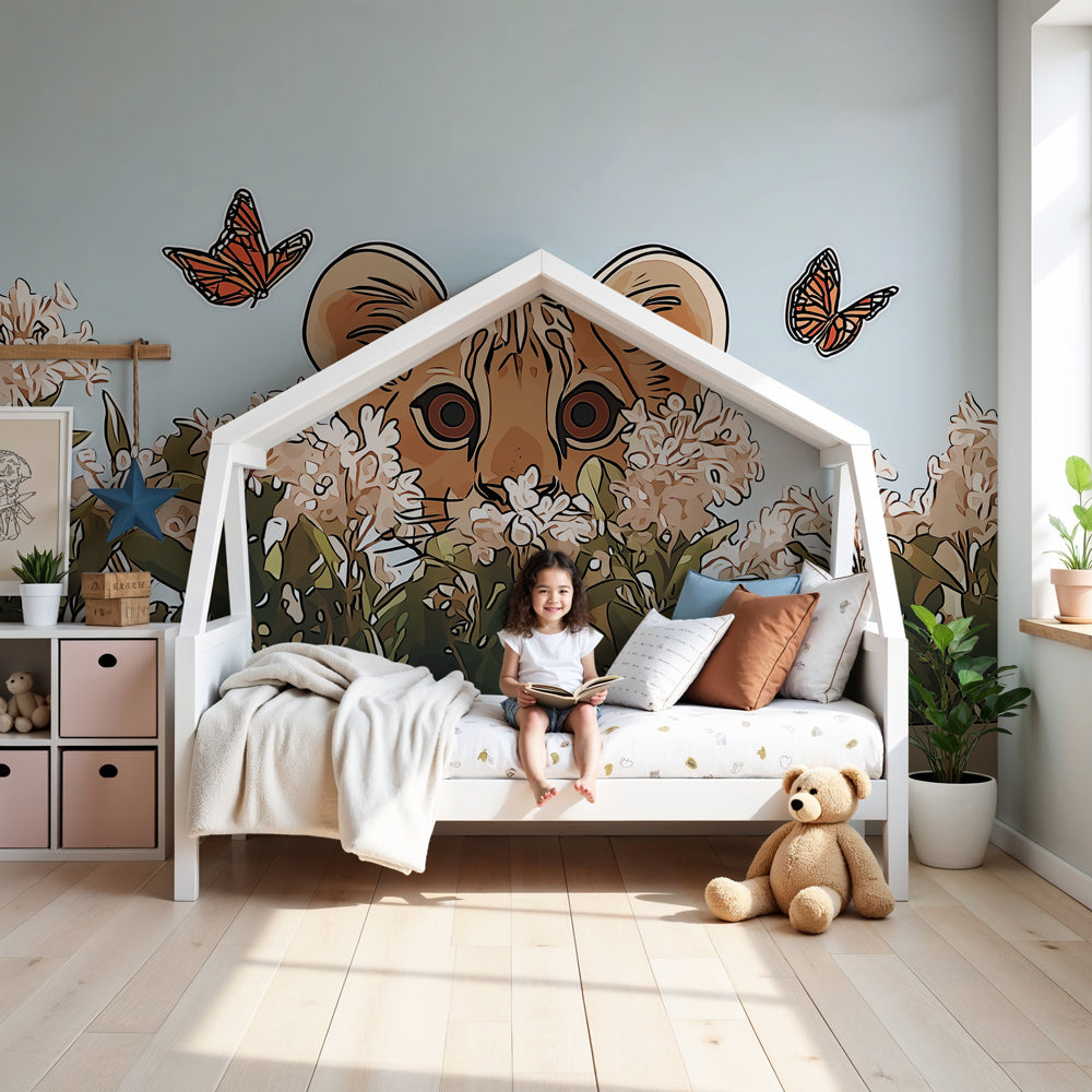 Lion safari mural wallpaper with curious cub and butterflies in modern nursery by Kids-Mundo