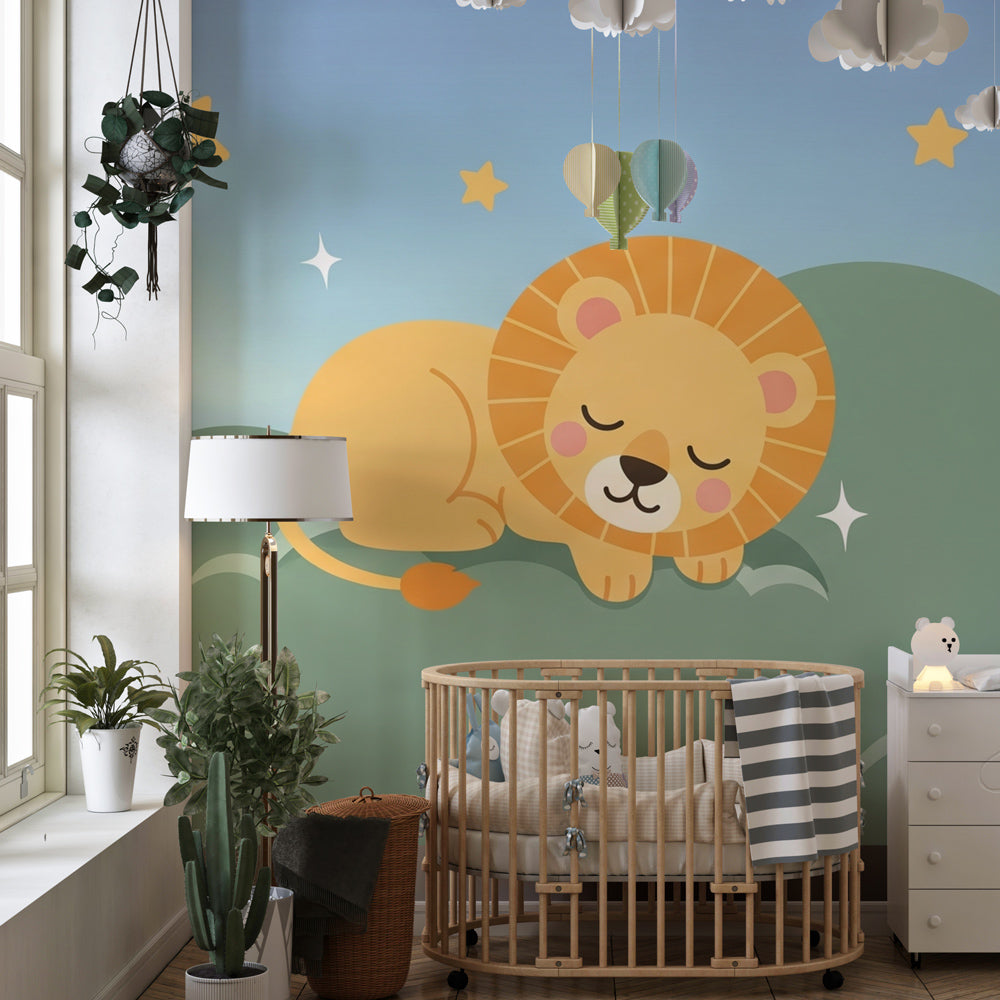 Safari lion sleeping on cloud wallpaper for cozy baby bedroom with star theme by Kids-Mundo