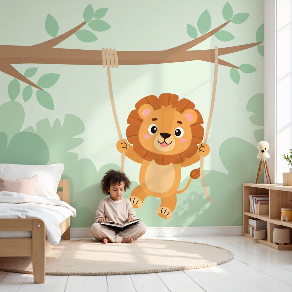 Lion swing mural wallpaper in modern nursery with wooden crib by Kids-Mundo