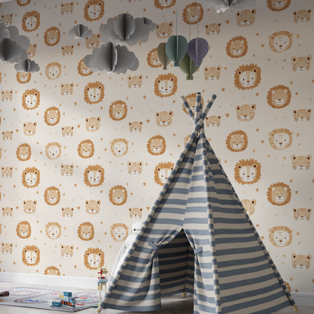 Playful lion tiger animal wallpaper transforming children's bedroom into safari adventure theme