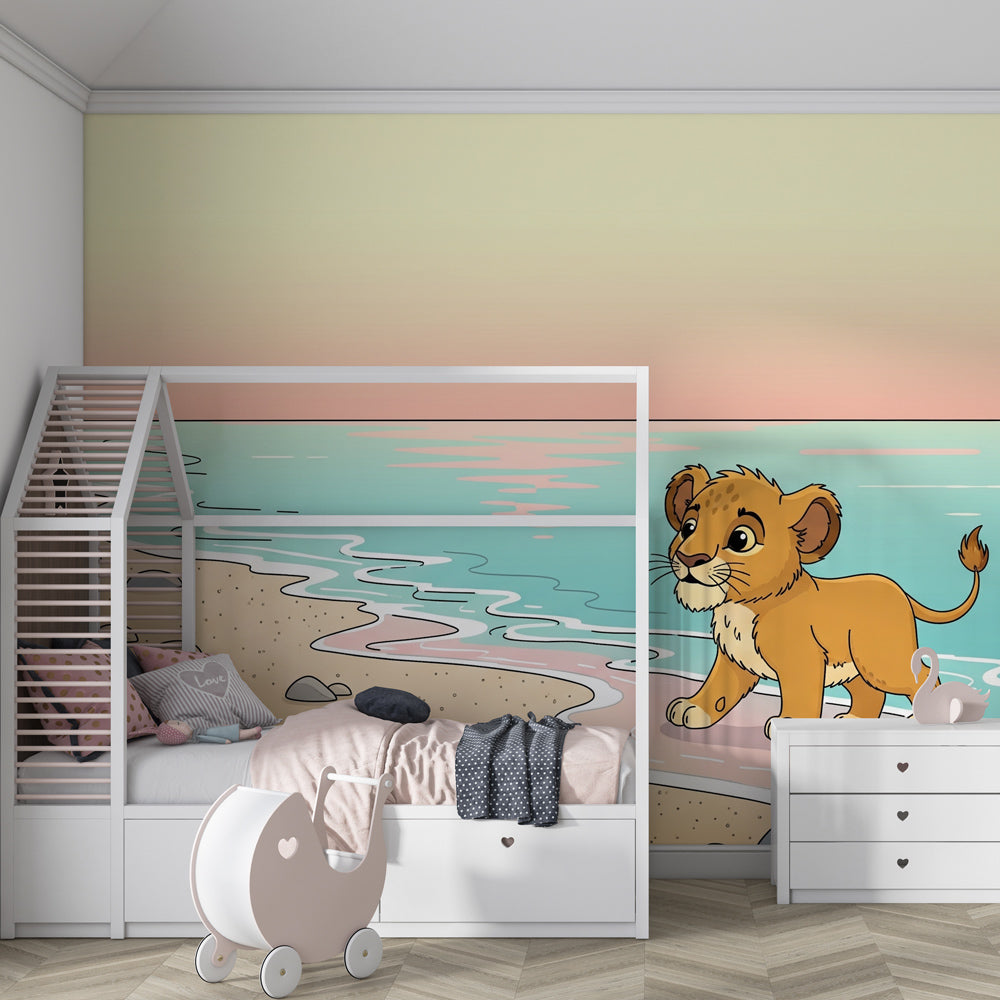 Beach lion cub wallpaper transforming children's bedroom with peaceful ocean vibes by Kids-Mundo