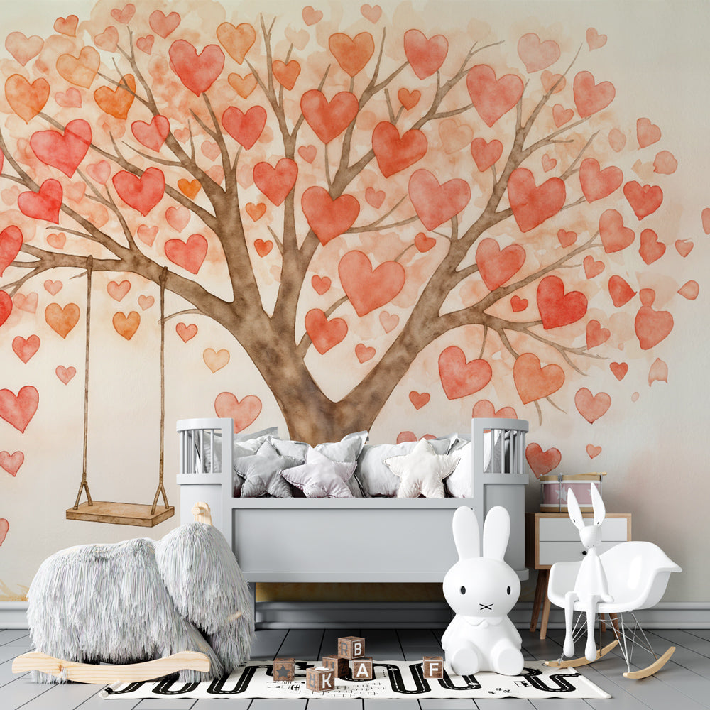 Romantic tree wallpaper creating dreamy atmosphere in kids bedroom with warm coral tones
