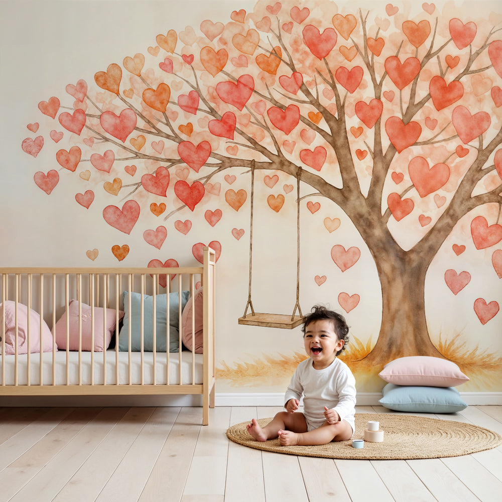 Love tree mural wallpaper with hearts and swing in cozy children's nursery by Kids-Mundo