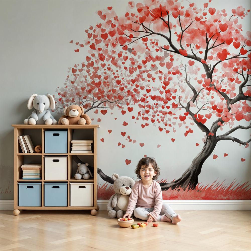 Love tree mural wallpaper with heart leaves decorating modern nursery by Kids-Mundo