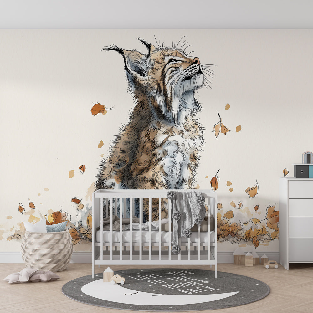Wildlife lynx wallpaper with golden autumn leaves in modern kids bedroom setting