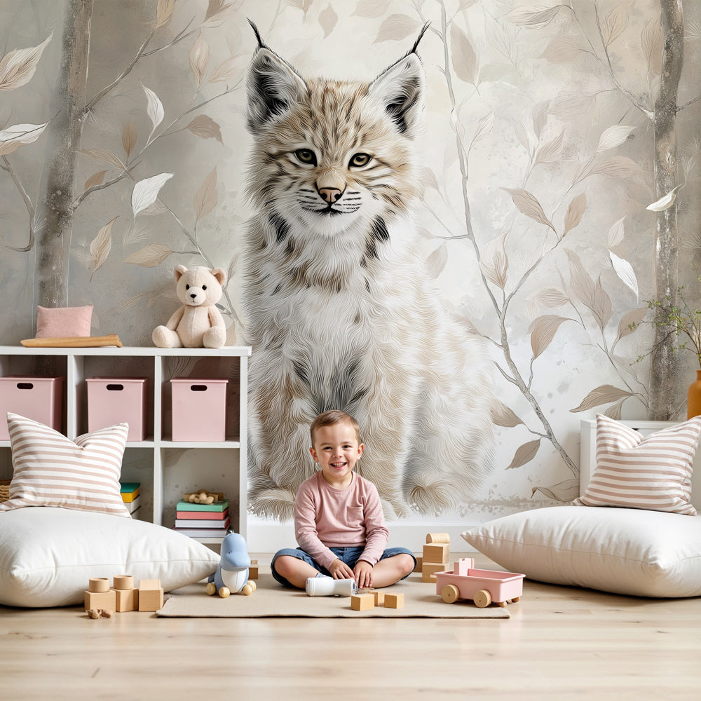 Young lynx mural wallpaper creating peaceful woodland nursery decor by Kids-Mundo