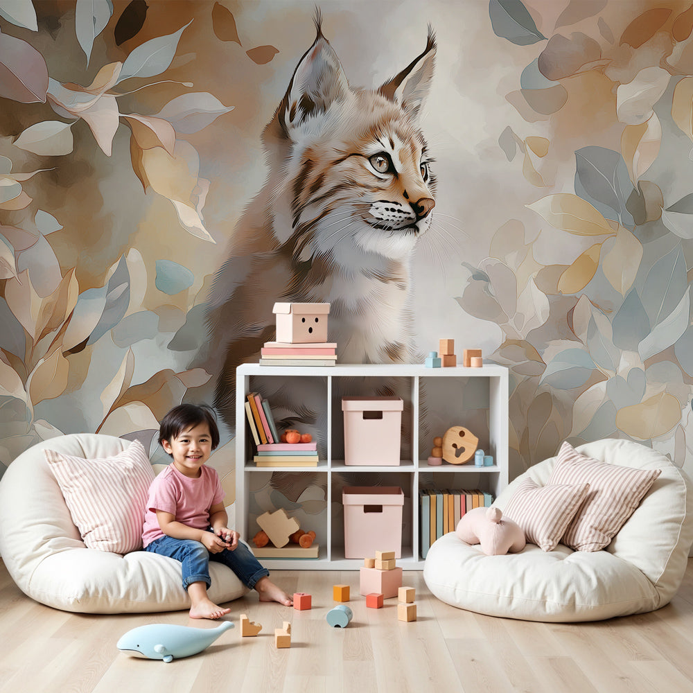 Lynx mural wallpaper creating peaceful woodland nursery decor with neutral forest tones by Kids-Mundo