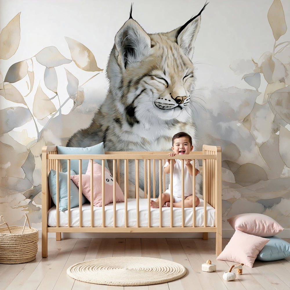 Lynx mural wallpaper creating peaceful nursery decor with sleeping baby lynx design by Kids-Mundo