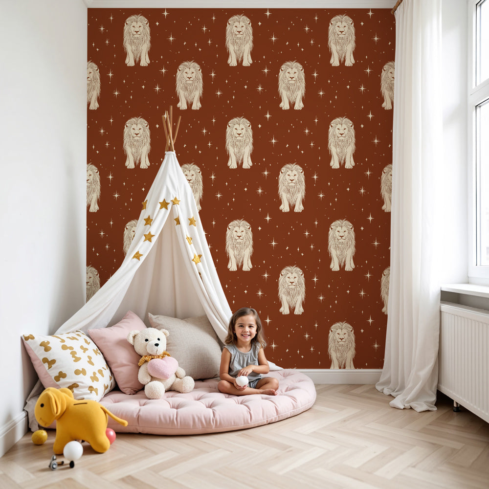 Majestic lions mural wallpaper with starry sky creating magical safari nursery decor by Kids-Mundo