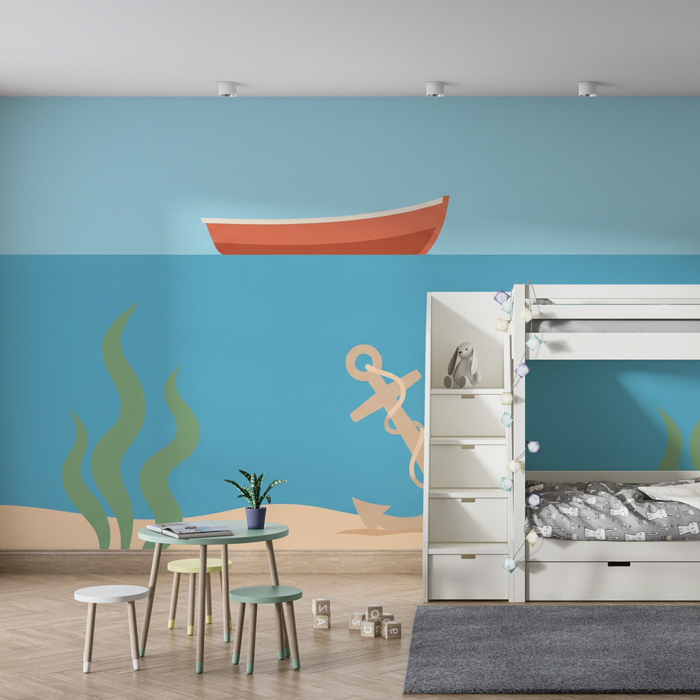 Underwater themed wallpaper creating calming ocean atmosphere in child's bedroom