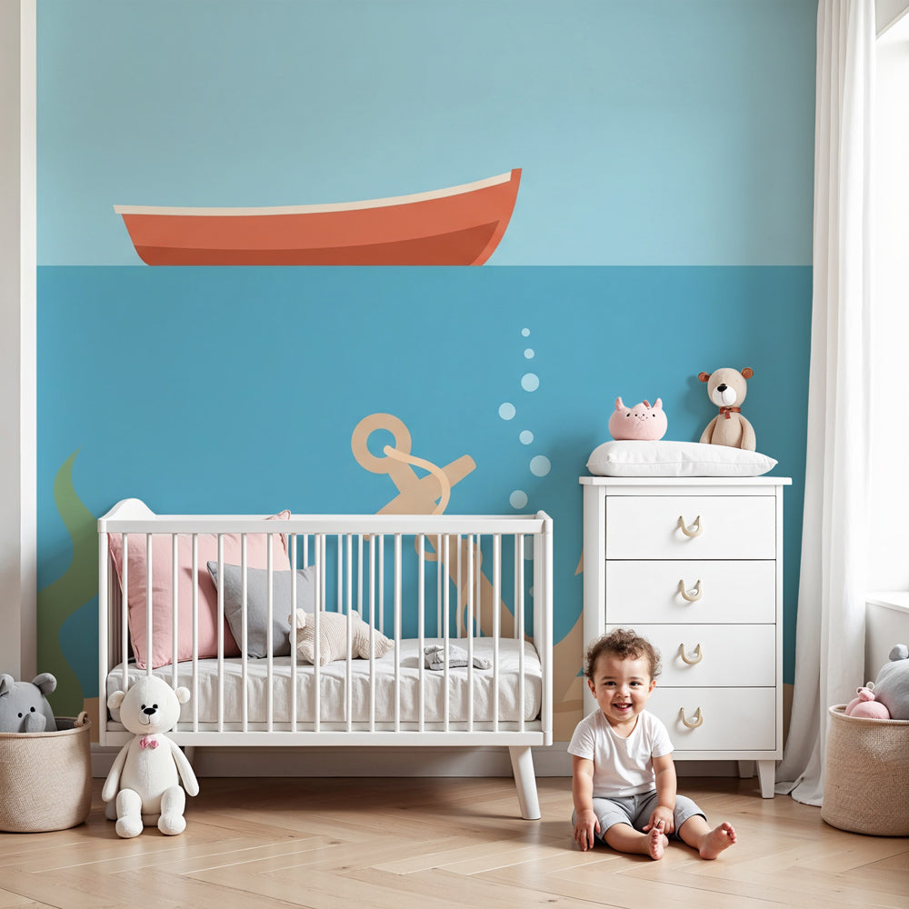 Marine adventure mural wallpaper with anchor and boat in modern nursery room by Kids-Mundo
