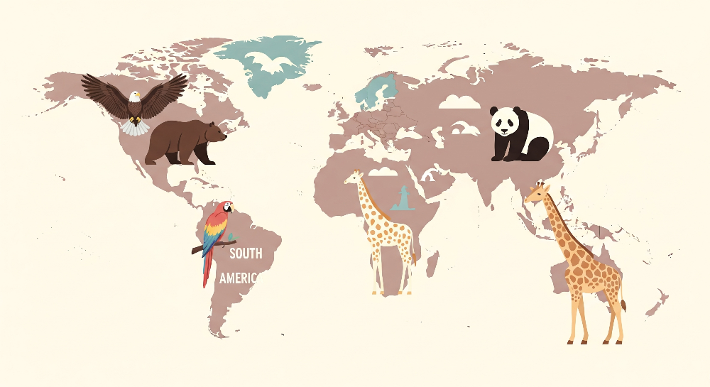 Kids-Mundo flat artwork of a mauve world map with a bear, eagle, macaw, panda and two giraffes