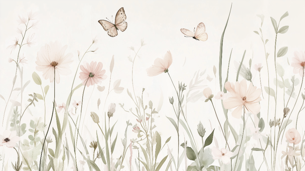 Kids-Mundo soft meadow wildflowers and butterflies original flat artwork design for this wall mural